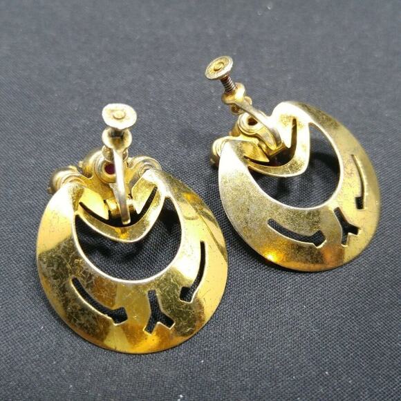 Vintage Sterling Red Rhinestone Dangle Screw Back Earrings, 1940s, Gold Wash - Picture 9 of 9